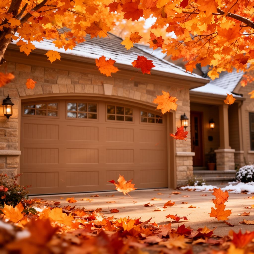 Garage door with autumn leaves in fall season