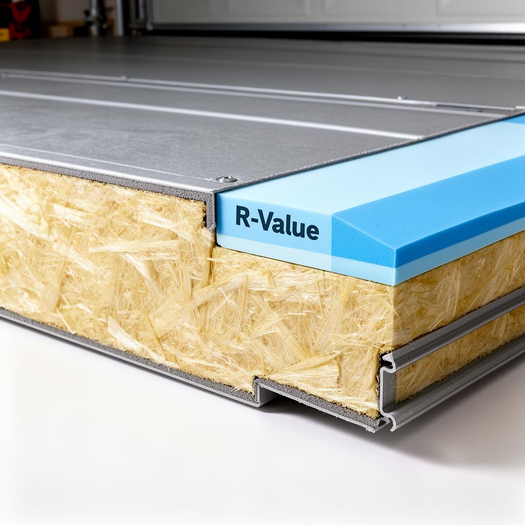 Garage door insulation panel showing R-value layers