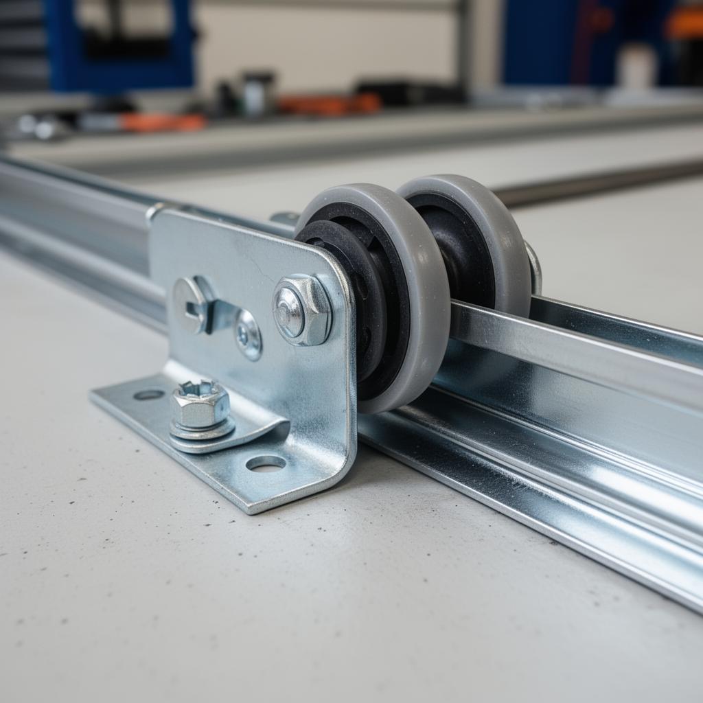 Garage door roller and track system close-up