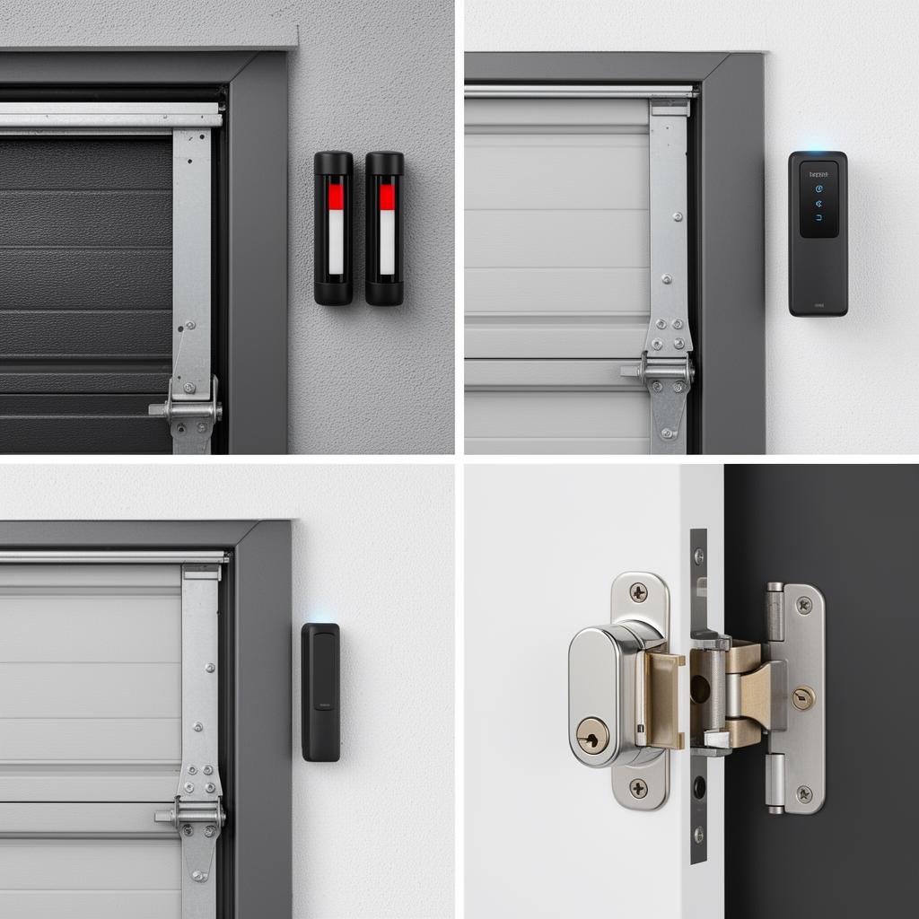 Garage door safety sensors and tamper-resistant lock mechanism